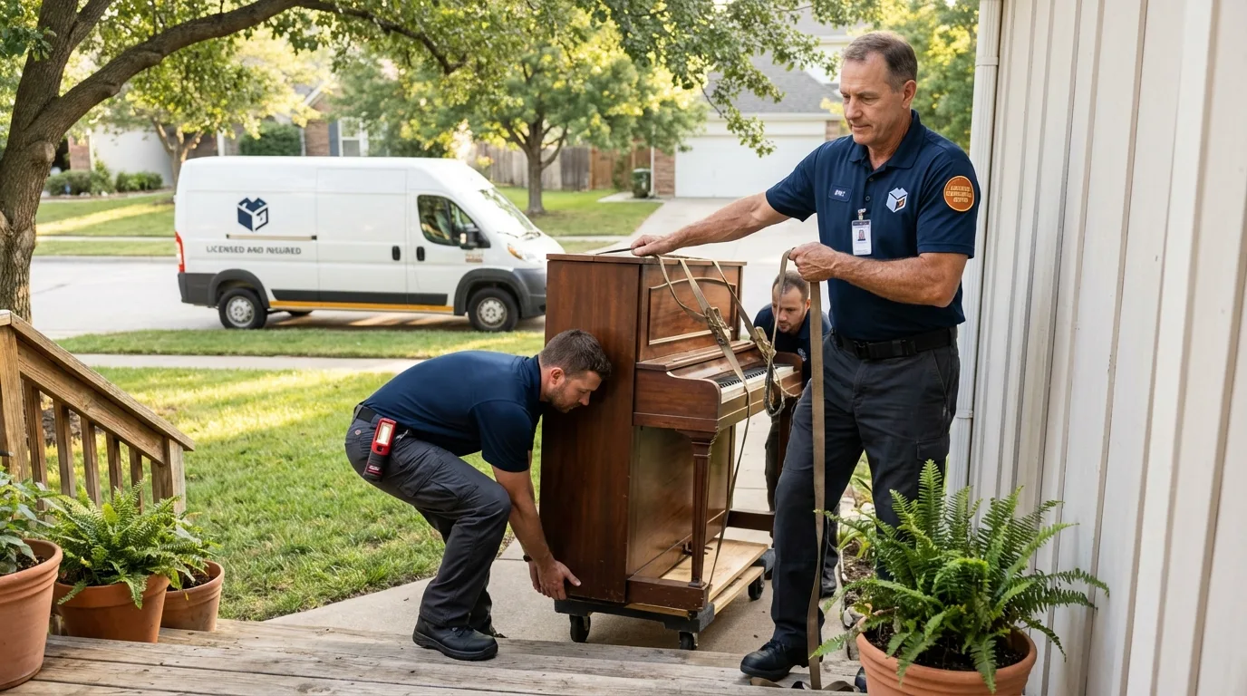 Licensed piano movers securing grand piano in Meade, KS
