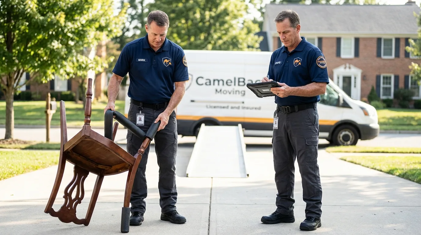 Movers inspecting furniture for damage prevention before loading in Meade, KS