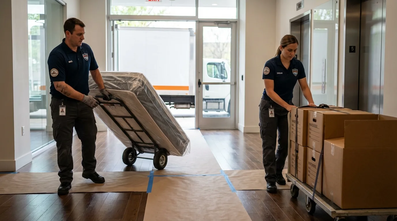 Professional apartment movers loading elevator in Meade, KS